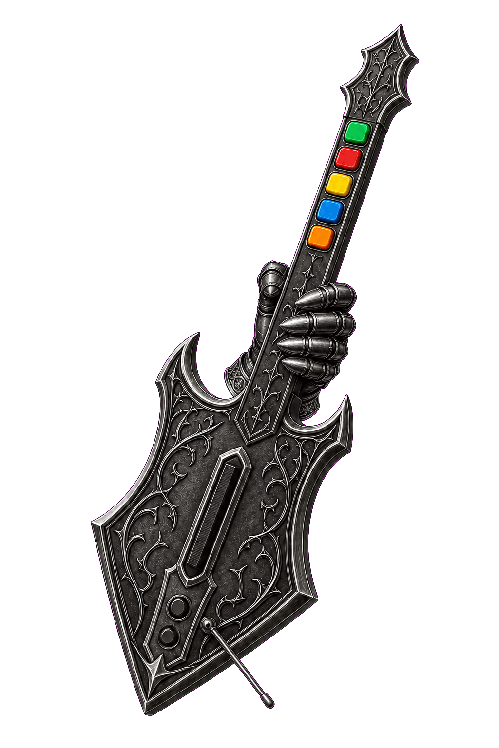 A blackened metal gauntlet holding a gothic rhythm game guitar