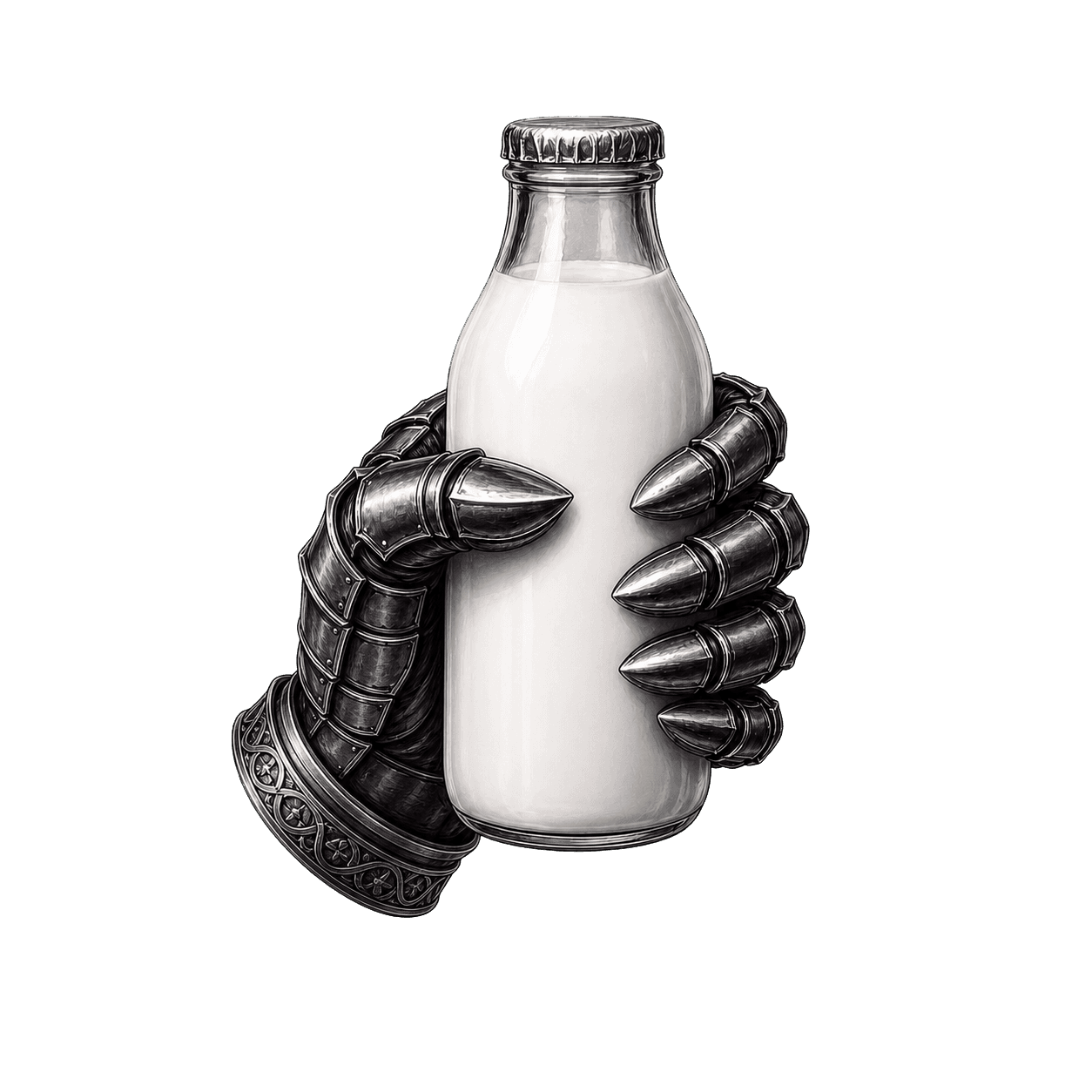 A blackened metal gauntlet holding a bottle of milk